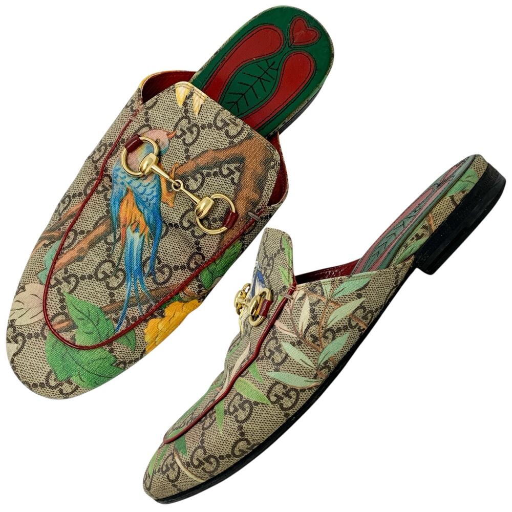 Gucci Princetown Horsebit Tian Print GG Monogram Logo Flats Slip On Mules EU 37